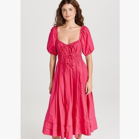 Ulla Johnson Palma Vibrant Barbie Pink Peasant Cotton Puff Sleeve Midi Dress 6 - Picture 1 of 9